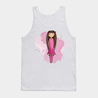 Cute bohemian girly girl with very long brown hair and a pink dress Tank Top